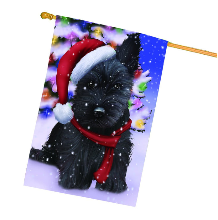 Winterland Wonderland Scottish Terrier Dog In Christmas Holiday Scenic Background House Flag