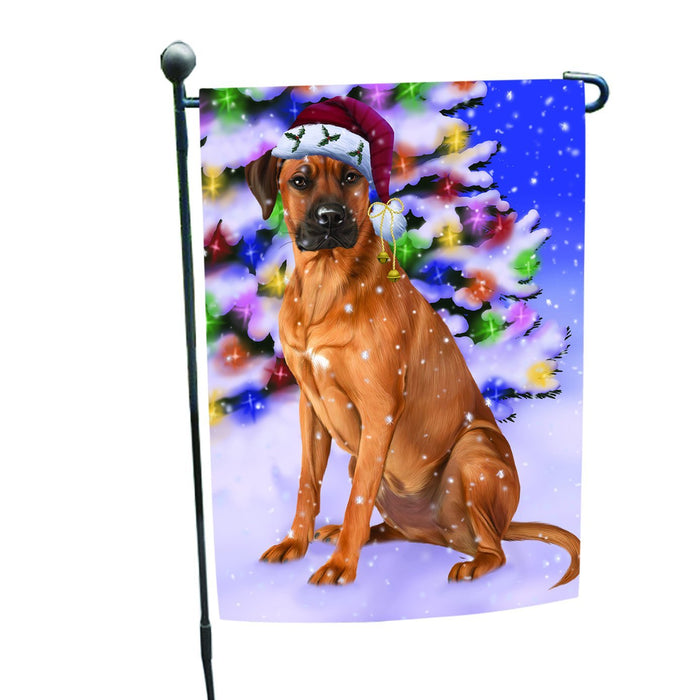 Winterland Wonderland Rhodesian Ridgebacks Dog In Christmas Holiday Scenic Background Garden Flag