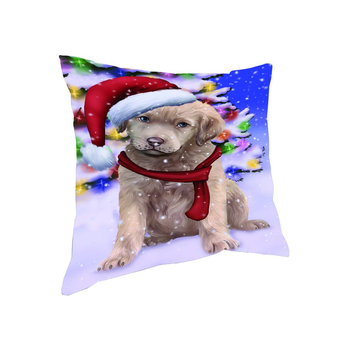 Winterland Wonderland Chesapeake Bay Retriever Dog In Christmas Holiday Scenic Background Throw Pillow