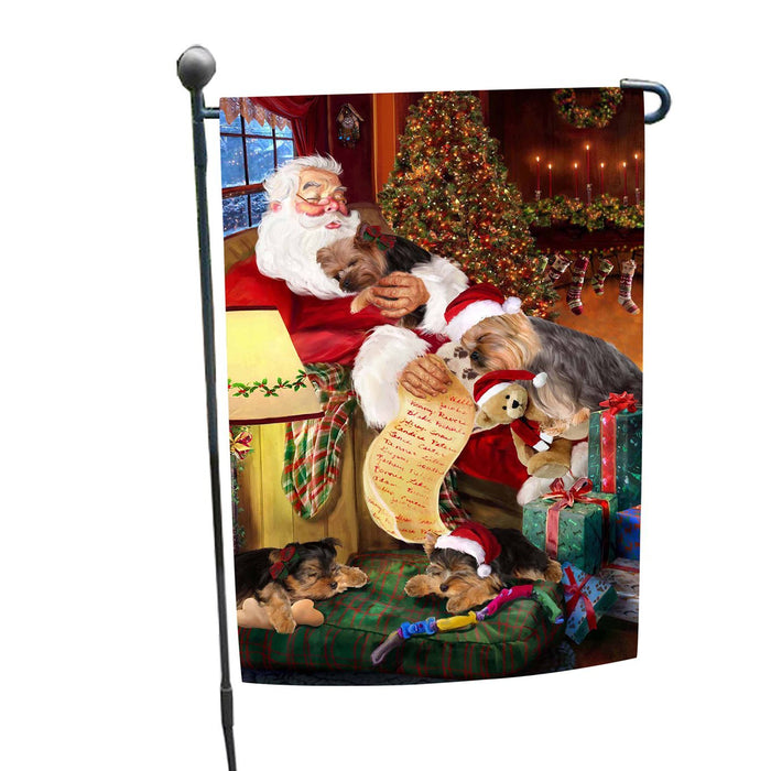 Yokshire Terrier Dog and Puppies Sleeping with Santa Garden Flag