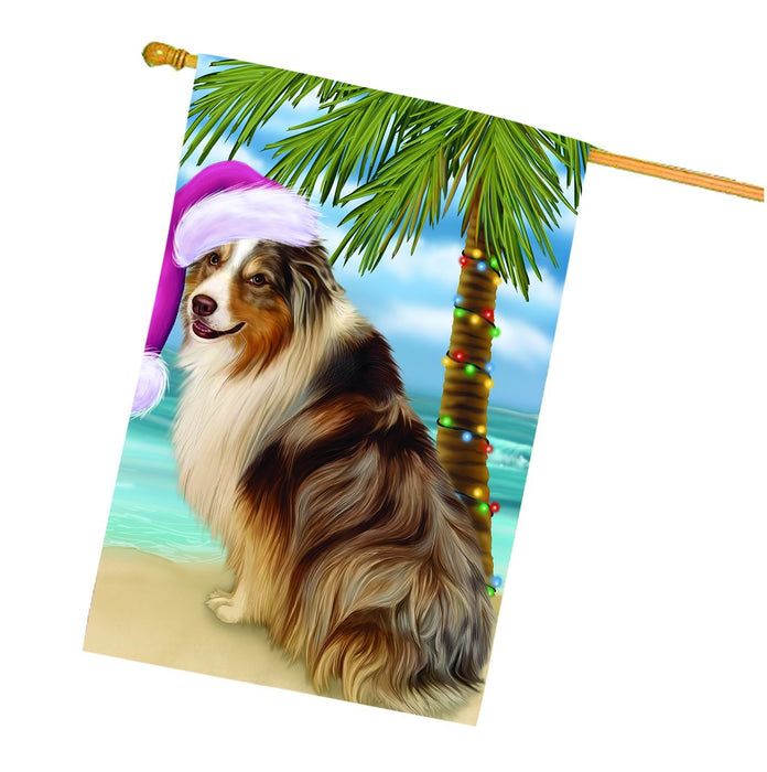 Summertime Happy Holidays Christmas Australian Shepherd Dog on Tropical Island Beach House Flag