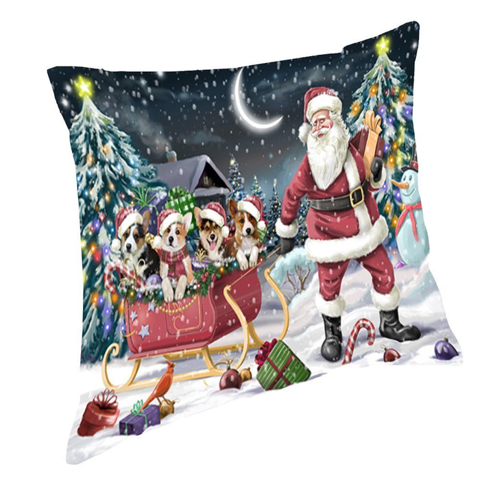 Santa Sled Dogs Christmas Happy Holidays Corgi Throw Pillow PIL1220