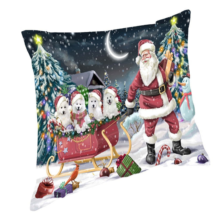 Santa Sled Dogs Christmas Happy Holidays Samoyed Throw Pillow PIL1292