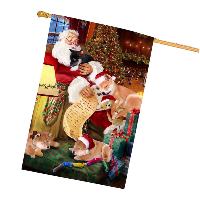 Shiba Inu Dog and Puppies Sleeping with Santa House Flag