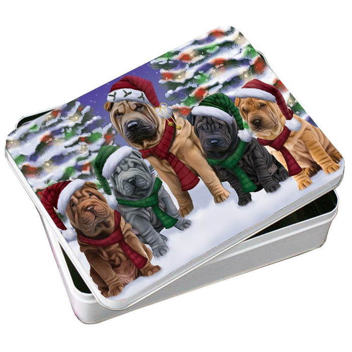 Shar Pei Dog Christmas Family Portrait in Holiday Scenic Background Photo Storage Tin