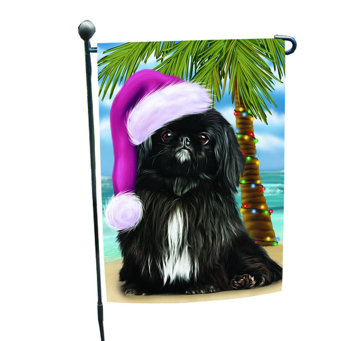 Summertime Happy Holidays Christmas Pekingese Dog on Tropical Island Beach Garden Flag
