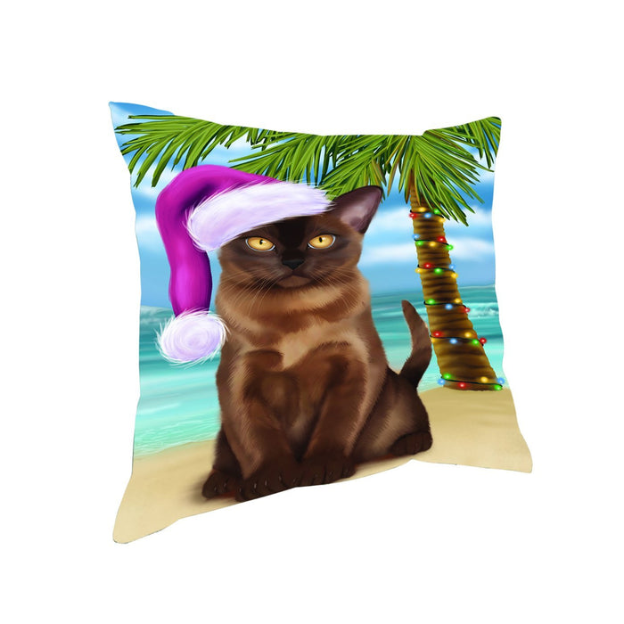 Summertime Happy Holidays Christmas Burmese Cat on Tropical Island Beach Throw Pillow