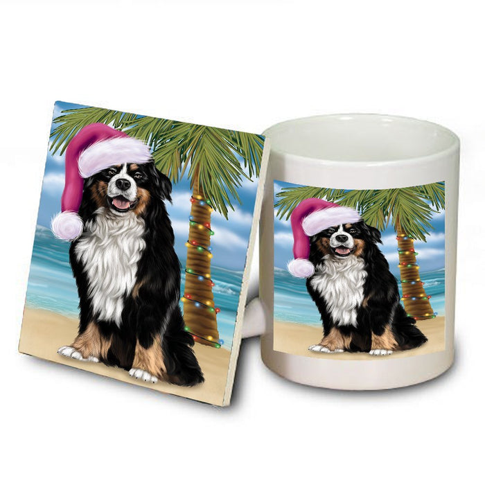 Summertime Happy Holidays Christmas Bernese Dog on Tropical Island Beach Mug and Coaster Set