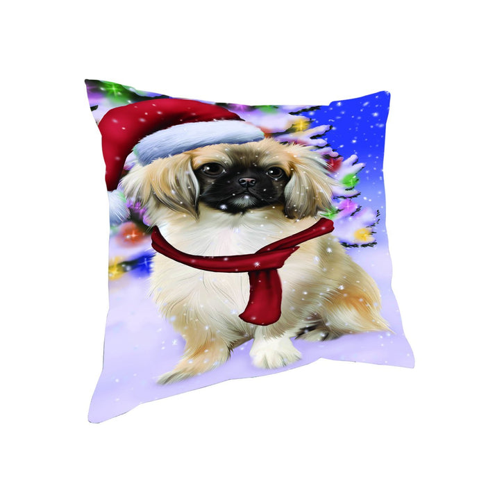 Winterland Wonderland Pekingese Dog In Christmas Holiday Scenic Background Throw Pillow