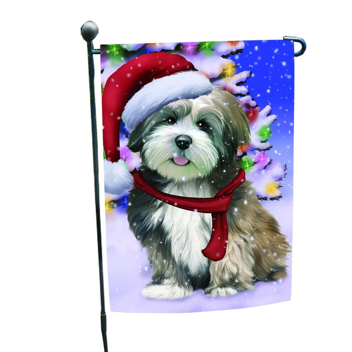 Winterland Wonderland Lhasa Apso Dog In Christmas Holiday Scenic Background Garden Flag