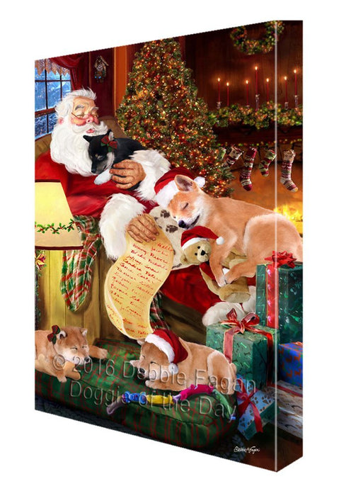 Shiba Inu Dog and Puppies Sleeping with Santa Painting Printed on Canvas Wall Art Signed
