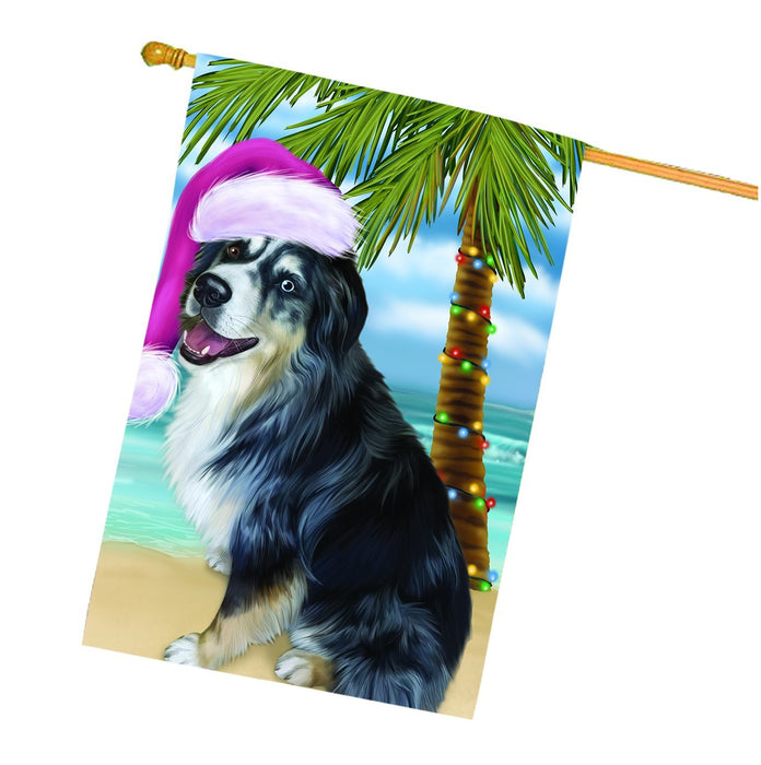 Summertime Happy Holidays Christmas Australian Shepherd Dog on Tropical Island Beach House Flag