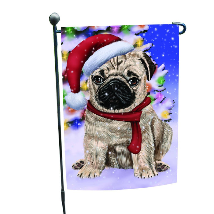 Winterland Wonderland Pug Dog In Christmas Holiday Scenic Background Garden Flag