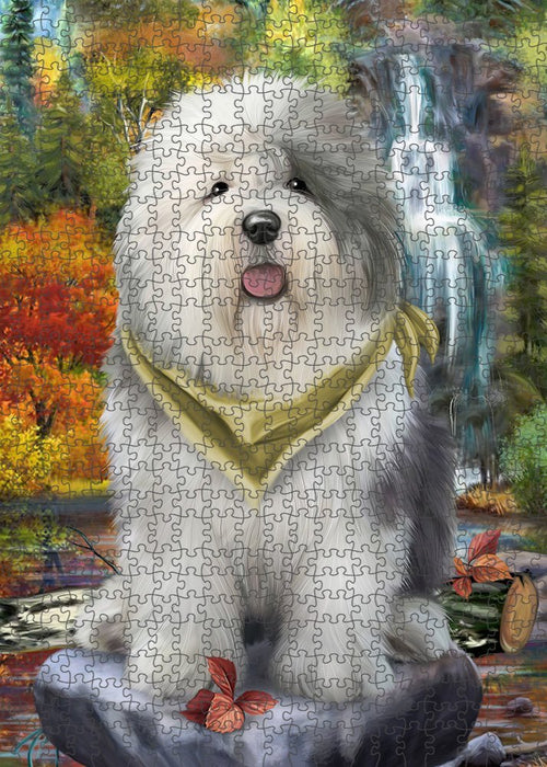 Scenic Waterfall Old English Sheepdog Puzzle with Photo Tin PUZL52269