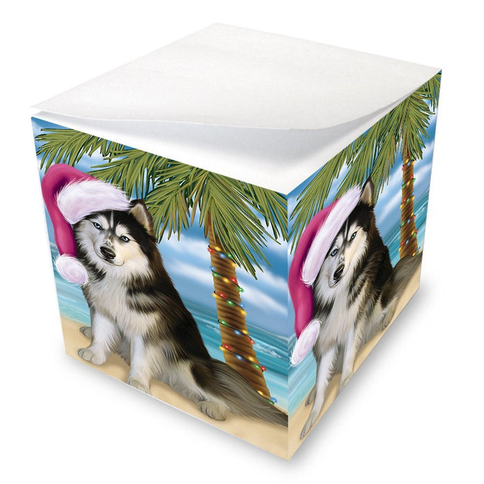 Summertime Happy Holidays Christmas Siberian Husky Dog on Tropical Island Beach Note Cube D571