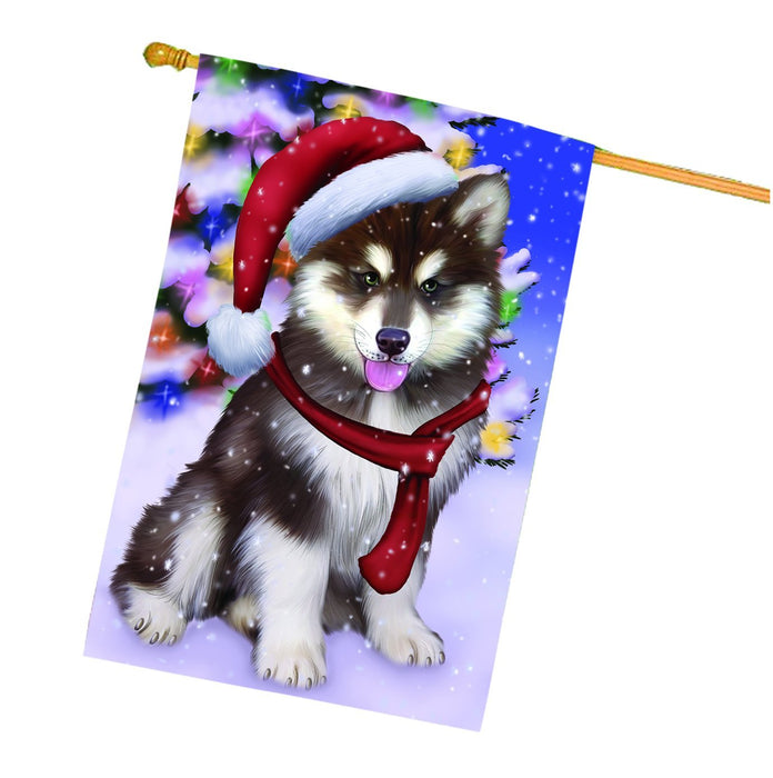 Winterland Wonderland Alaskan Malamute Dog In Christmas Holiday Scenic Background House Flag