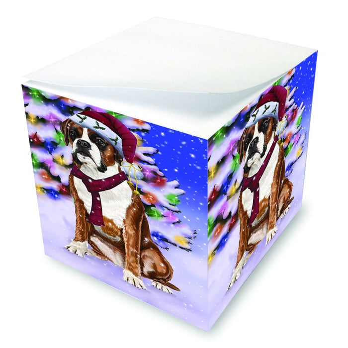 Winterland Wonderland Boxers Dog In Christmas Holiday Scenic Background Note Cube D649