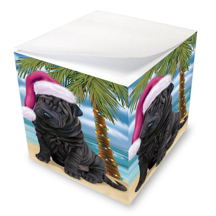 Summertime Happy Holidays Christmas Shar Pei Dog on Tropical Island Beach Note Cube D566