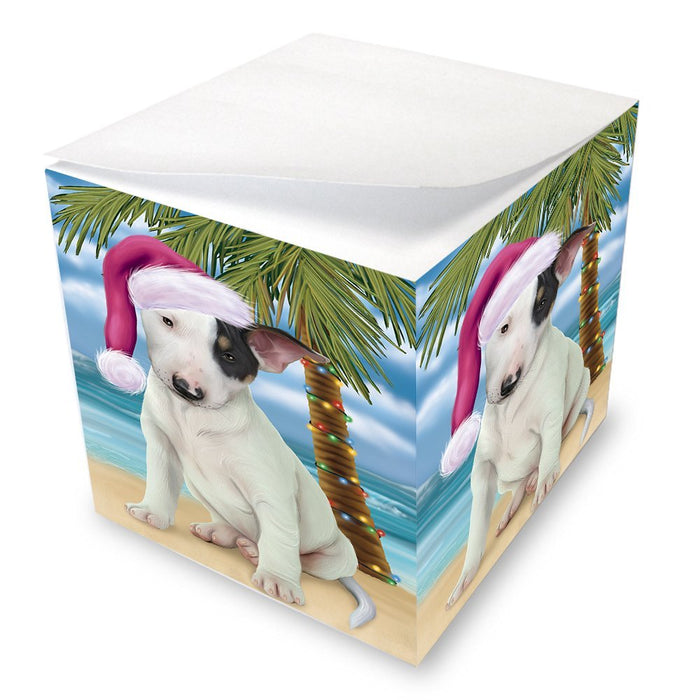 Summertime Happy Holidays Christmas Bull Terrier Dog on Tropical Island Beach Note Cube D514