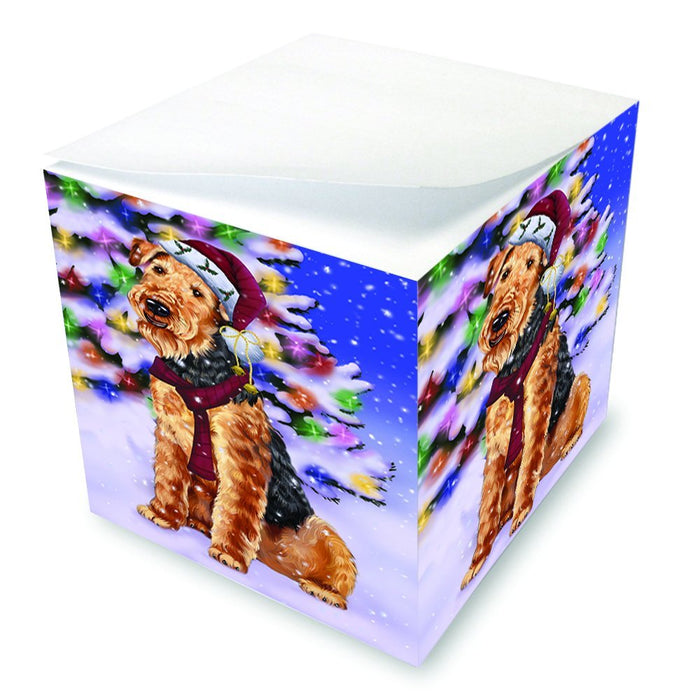 Winterland Wonderland Airedales Dog In Christmas Holiday Scenic Background Note Cube D627