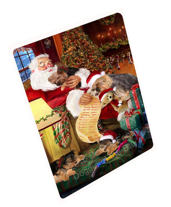 Yokshire Terrier Dog and Puppies Sleeping with Santa Tempered Cutting Board