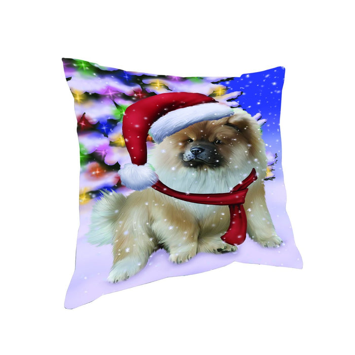 Winterland Wonderland Chow Chow Dog In Christmas Holiday Scenic Background Throw Pillow