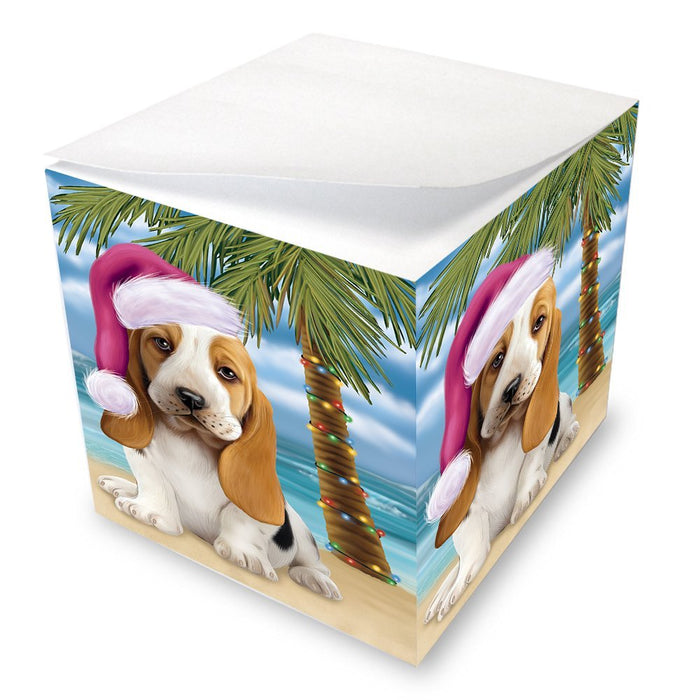 Summertime Happy Holidays Christmas Basset Hounds Dog on Tropical Island Beach Note Cube D520