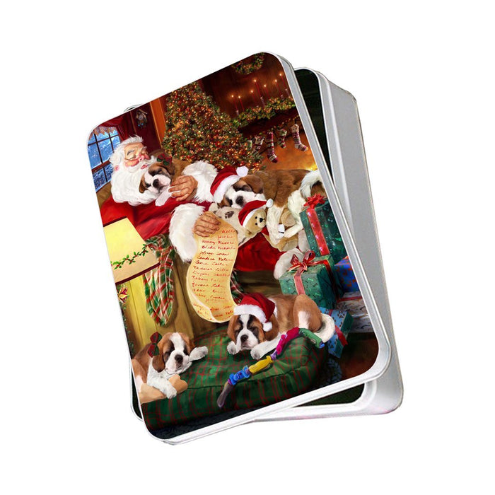 Saint Bernard Dog and Puppies Sleeping with Santa Photo Storage Tin