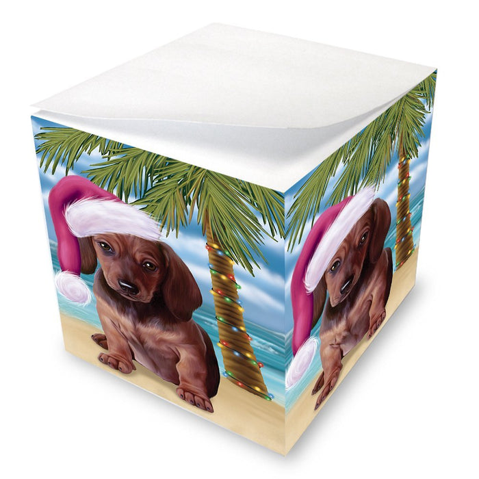 Summertime Happy Holidays Christmas Dachshunds Dog on Tropical Island Beach Note Cube D534
