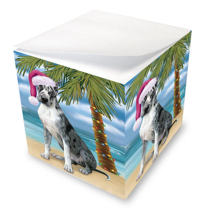Summertime Happy Holidays Christmas Great Dane Dog on Tropical Island Beach Note Cube D543