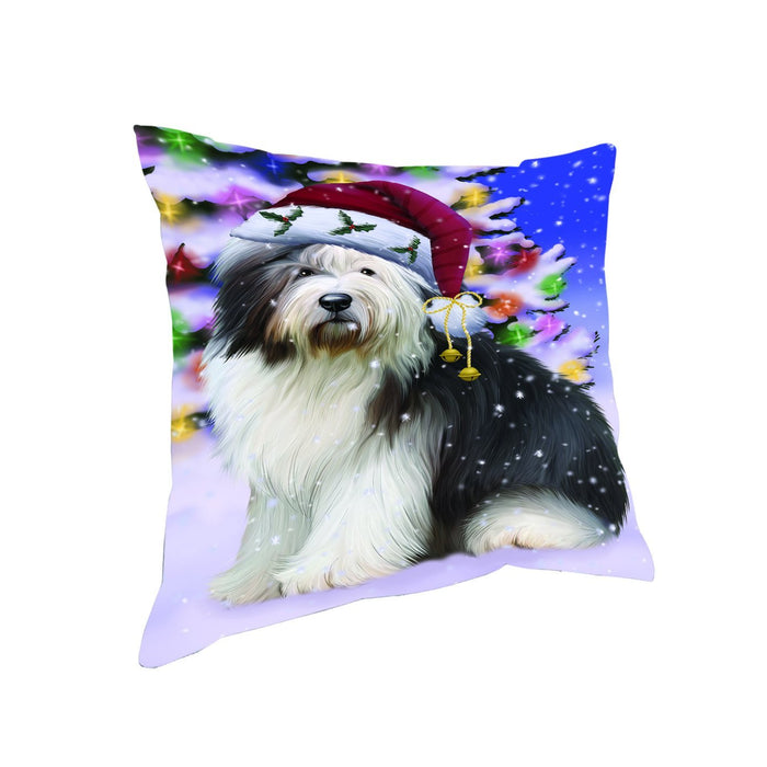 Winterland Wonderland Old English Sheepdog Dog In Christmas Holiday Scenic Background Throw Pillow