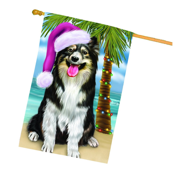 Summertime Happy Holidays Christmas Australian Shepherd Dog on Tropical Island Beach House Flag