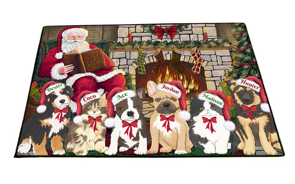 Custom Personalized Cartoonish Pet Photo and Name on Floormat in Fire Holiday Tails Background