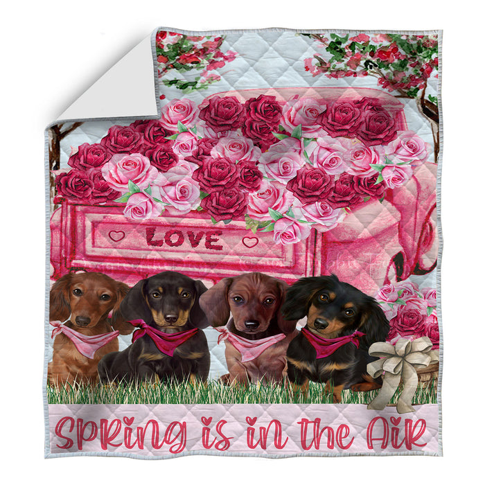 Bed of Roses Valentines Pink Truck Dachshund Dogs Quilt Bed Coverlet Bedspread - Pets Comforter Unique One-side Animal Printing - Soft Lightweight Durable Washable Polyester Quilt AA12