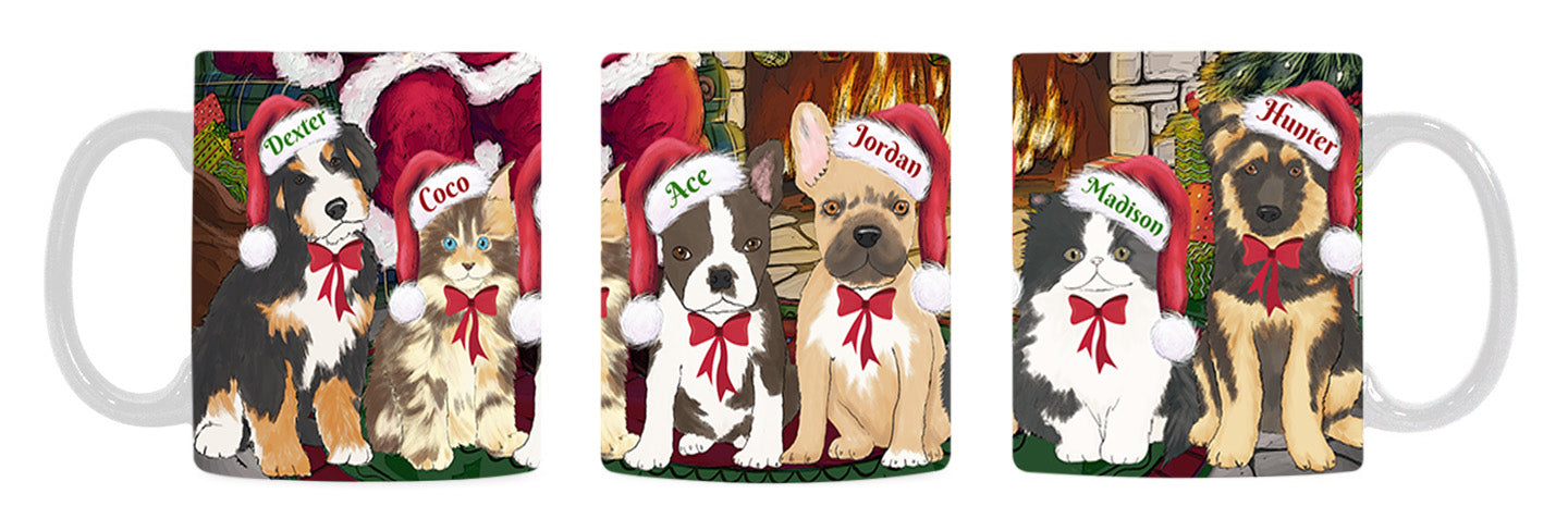 Custom Personalized Cartoonish Pet Photo and Name on Coffee Mug in Fire Holiday Tails Background