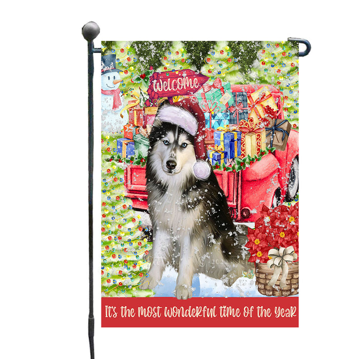Red Truck Christmas Holiday Surprise Siberian Husky Dogs Garden Flags - Outdoor Double Sided Garden Yard Porch Lawn Spring Decorative Vertical Home Flags 12 1/2"w x 18"h AA11