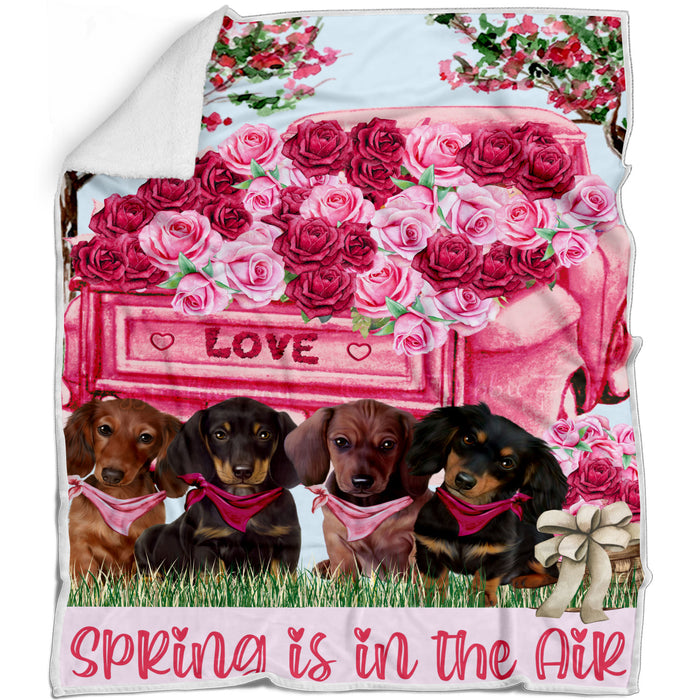 Bed of Roses Valentines Pink Truck Dachshund Dogs Blanket - Lightweight Soft Cozy and Durable Bed Blanket - Animal Theme Fuzzy Blanket for Sofa Couch AA12