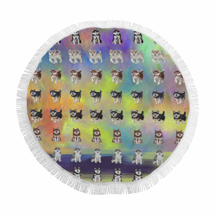 Siberian Husky Dogs  Round Beach Mat 59’’