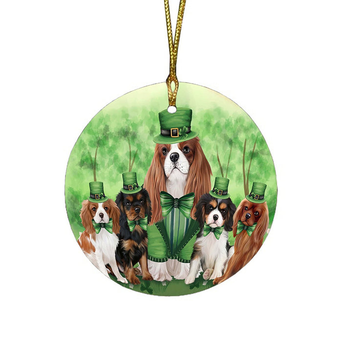 St. Patricks Day Irish Family Portrait Cavalier King Charles Spaniels Dog Round Christmas Ornament RFPOR48755