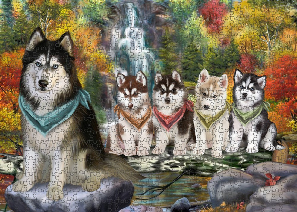 Scenic Waterfall Siberian Huskies Dog Puzzle with Photo Tin PUZL52440