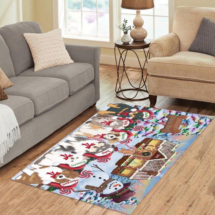 Custom Personalized Cartoonish Pet Photo and Name on Area Rug in Gingerbread Cookie Shop Background