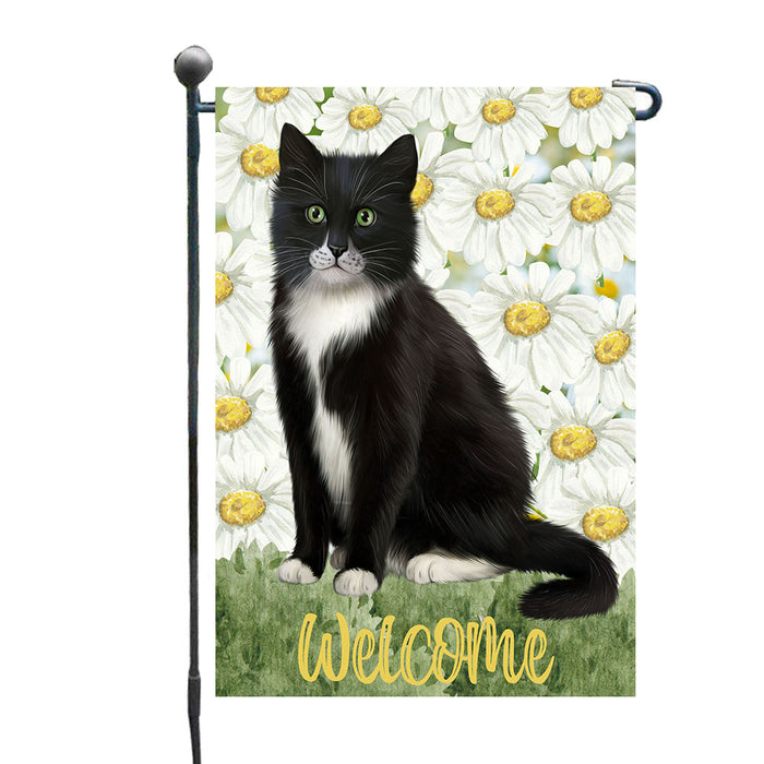 White Floral Welcome Tuxedo Cats Garden Flags- Outdoor Double Sided Garden Yard Porch Lawn Spring Decorative Vertical Home Flags 12 1/2"w x 18"h