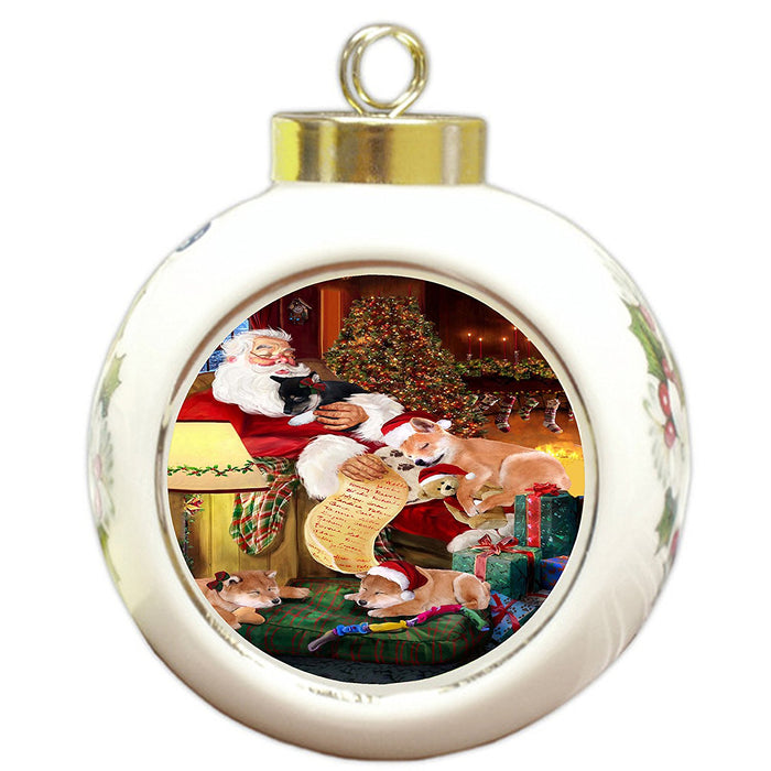 Shiba Inu Dog and Puppies Sleeping with Santa Round Ball Christmas Ornament