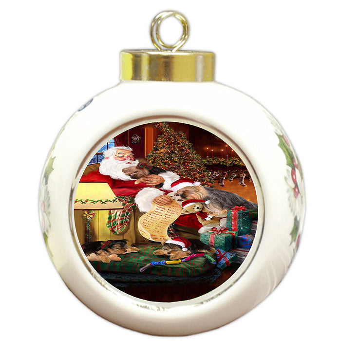 Yokshire Terrier Dog and Puppies Sleeping with Santa Round Ball Christmas Ornament