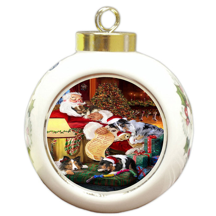 Sheltie Dog and Puppies Sleeping with Santa Round Ball Christmas Ornament