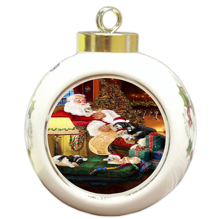 Tibetan Terrier Dog and Puppies Sleeping with Santa Round Ball Christmas Ornament