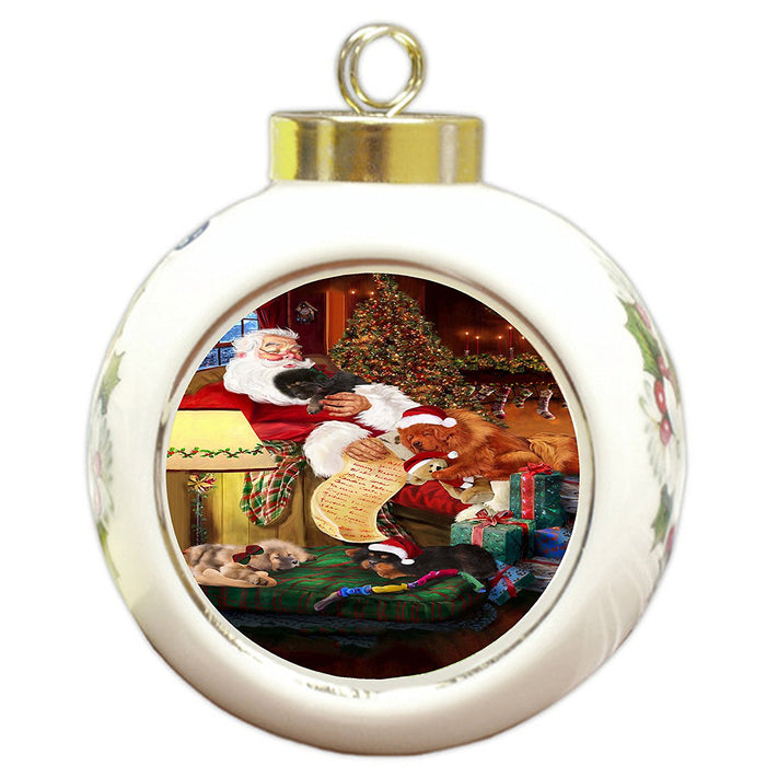 Tibetan Mastiff Dog and Puppies Sleeping with Santa Round Ball Christmas Ornament
