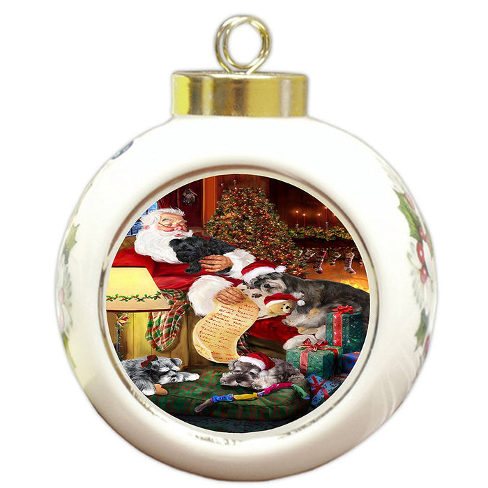 Schnauzer Dog and Puppies Sleeping with Santa Round Ball Christmas Ornament