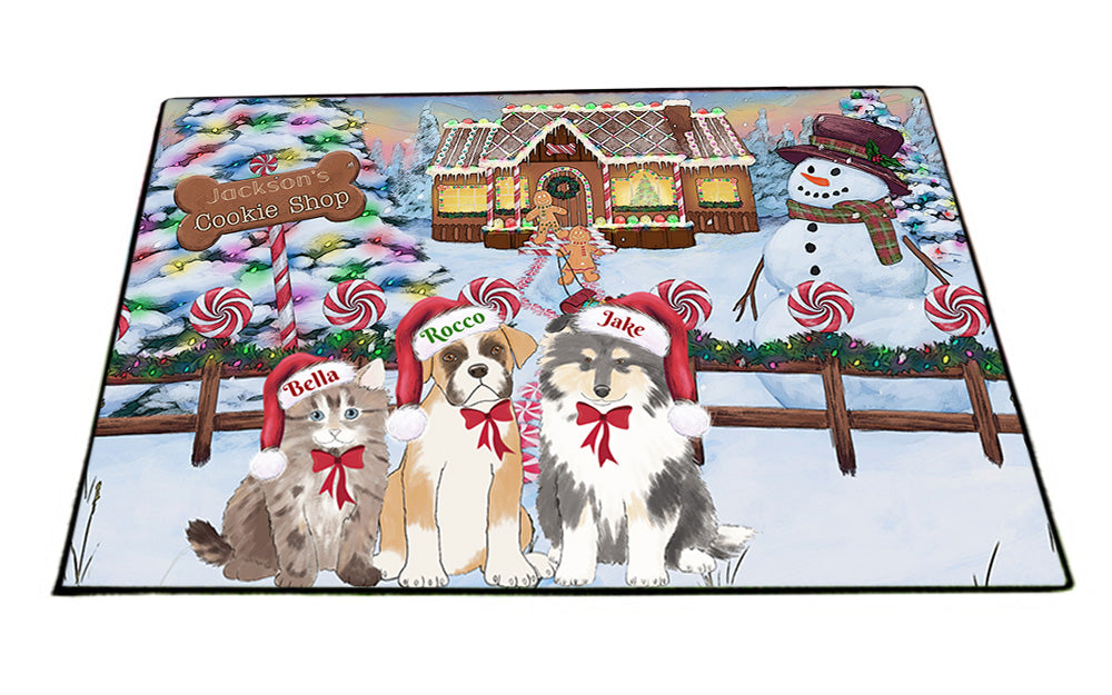 Custom Personalized Cartoonish Pet Photo and Name on Floormat in Gingerbread Cookie Shop Background