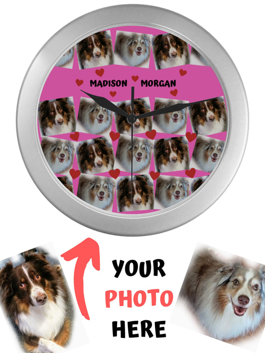 Custom Add Your Photo Here PET Dog Cat Photos on Silver Wall Clocks